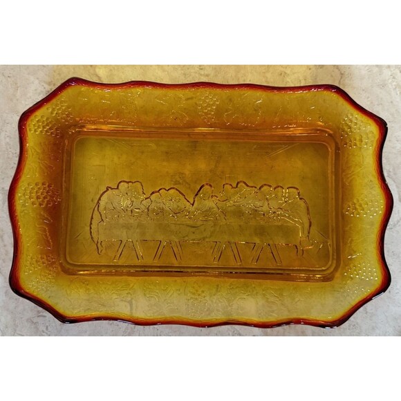 Vintage Tiara Glass Bread Plate Tray The Last Supper Christian Religious Amber - Picture 1 of 4
